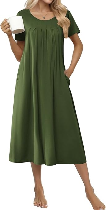 Cotton Nightgowns for Women Long House Dresses with Pockets Plus Size Night Gowns Short Sleeve Night Shirts S-3XL