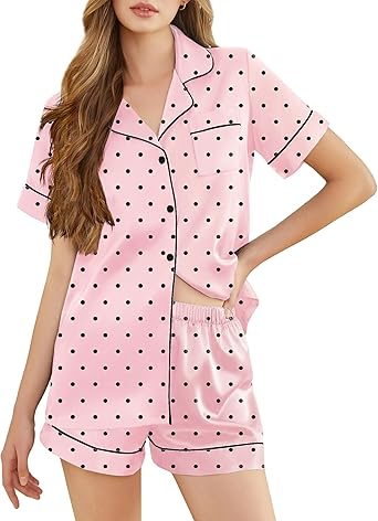 Silk Pajamas for Women Short Sleeve Sleepwear Soft Button Down Loungewear 2 Piece Satin Pjs Shorts Set S-XXL