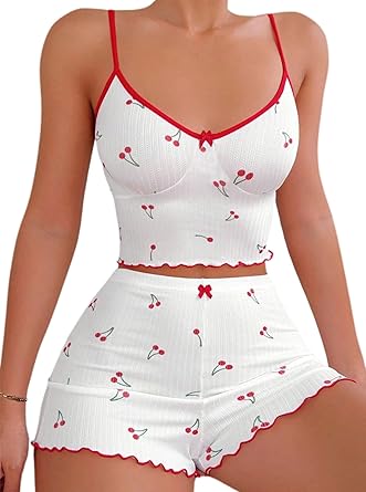 Womens Graphic Print Ribbed PJ Set Crop Cami Tops and Shorts Cute Pajamas Set