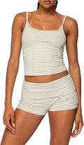 Women Y2k Pajama Set Striped Sleeveless Crop Cami Top Lounge Shorts PJS 2 Piece Matching Sleepwear