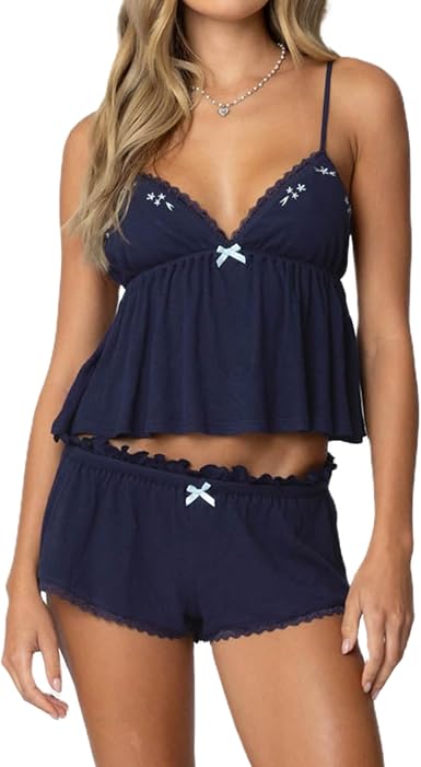 Lace Pajama Sets for Women 2 Piece Sexy Sleeveless Cami Tank Top and Shorts Pj Set Y2K Matching Lounge Sleepwear