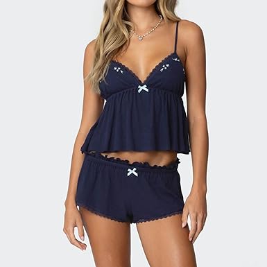 Lace Pajama Sets for Women 2 Piece Sexy Sleeveless Cami Tank Top and Shorts Pj Set Y2K Matching Lounge Sleepwear