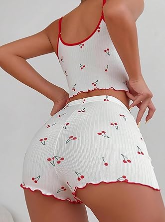 Womens Graphic Print Ribbed PJ Set Crop Cami Tops and Shorts Cute Pajamas Set