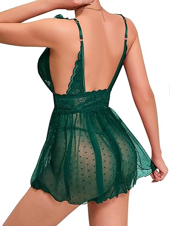 Sexy Polka Dots Mesh Sheer Lace Babydoll Chemise Lingerie Set Floral Sleep Wear