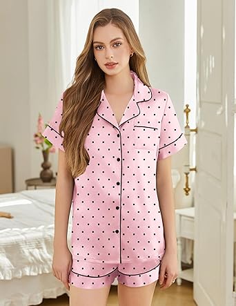 Silk Pajamas for Women Short Sleeve Sleepwear Soft Button Down Loungewear 2 Piece Satin Pjs Shorts Set S-XXL