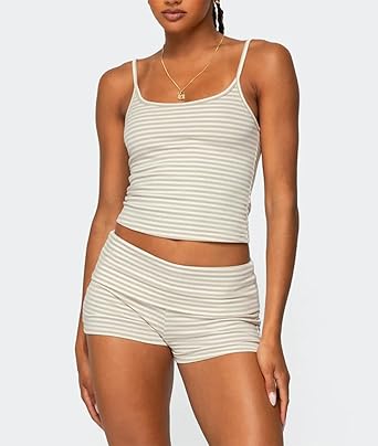 Women Y2k Pajama Set Striped Sleeveless Crop Cami Top Lounge Shorts PJS 2 Piece Matching Sleepwear