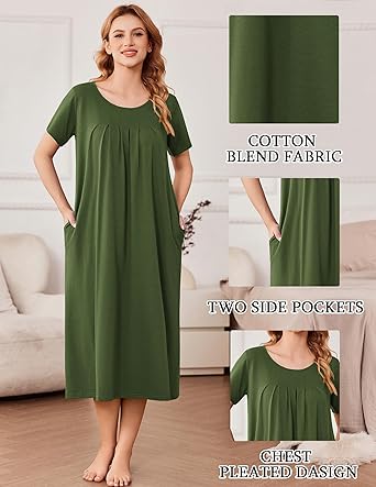 Cotton Nightgowns for Women Long House Dresses with Pockets Plus Size Night Gowns Short Sleeve Night Shirts S-3XL