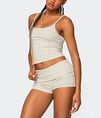 Women Y2k Pajama Set Striped Sleeveless Crop Cami Top Lounge Shorts PJS 2 Piece Matching Sleepwear