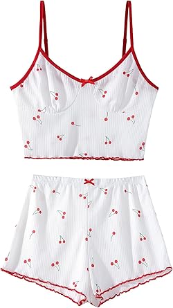 Womens Graphic Print Ribbed PJ Set Crop Cami Tops and Shorts Cute Pajamas Set
