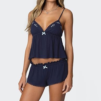 Lace Pajama Sets for Women 2 Piece Sexy Sleeveless Cami Tank Top and Shorts Pj Set Y2K Matching Lounge Sleepwear