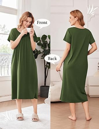 Cotton Nightgowns for Women Long House Dresses with Pockets Plus Size Night Gowns Short Sleeve Night Shirts S-3XL