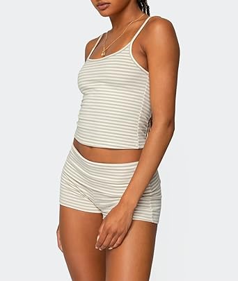 Women Y2k Pajama Set Striped Sleeveless Crop Cami Top Lounge Shorts PJS 2 Piece Matching Sleepwear