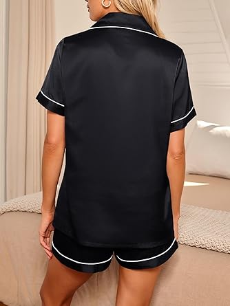 Silk Satin Pajama Set for Women 2 Piece Lounge Pjs Winter Matching Summer Sleepwear Button Down Shirt Shorts