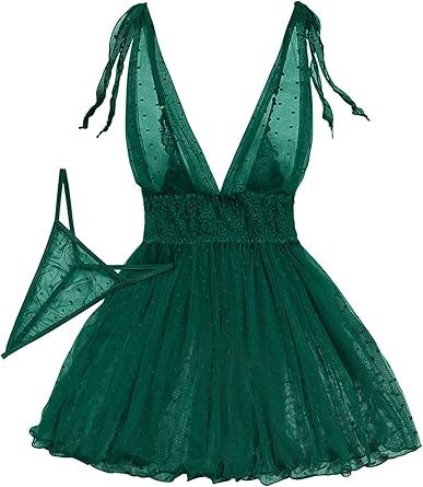 Sexy Polka Dots Mesh Sheer Lace Babydoll Chemise Lingerie Set Floral Sleep Wear