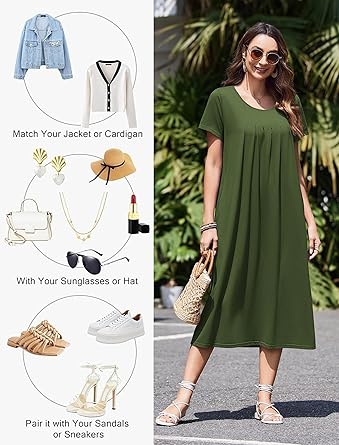 Cotton Nightgowns for Women Long House Dresses with Pockets Plus Size Night Gowns Short Sleeve Night Shirts S-3XL