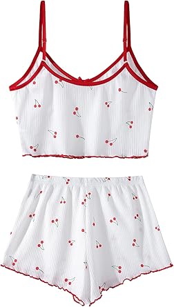 Womens Graphic Print Ribbed PJ Set Crop Cami Tops and Shorts Cute Pajamas Set