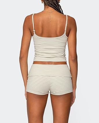 Women Y2k Pajama Set Striped Sleeveless Crop Cami Top Lounge Shorts PJS 2 Piece Matching Sleepwear