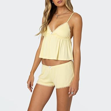 Women's Y2K Lace Pajamas Set 2 Piece Lounge Set Sleeveless V Neck Cami Tops Lace Trim Shorts Sleepwear