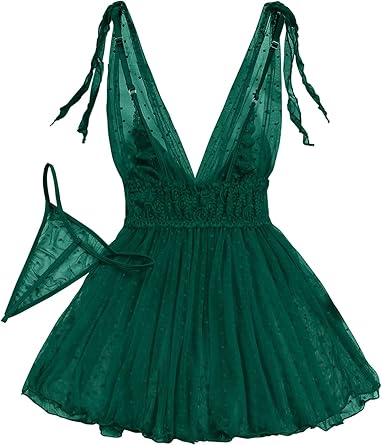 Sexy Polka Dots Mesh Sheer Lace Babydoll Chemise Lingerie Set Floral Sleep Wear