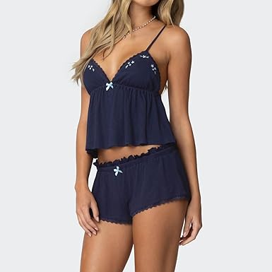 Lace Pajama Sets for Women 2 Piece Sexy Sleeveless Cami Tank Top and Shorts Pj Set Y2K Matching Lounge Sleepwear